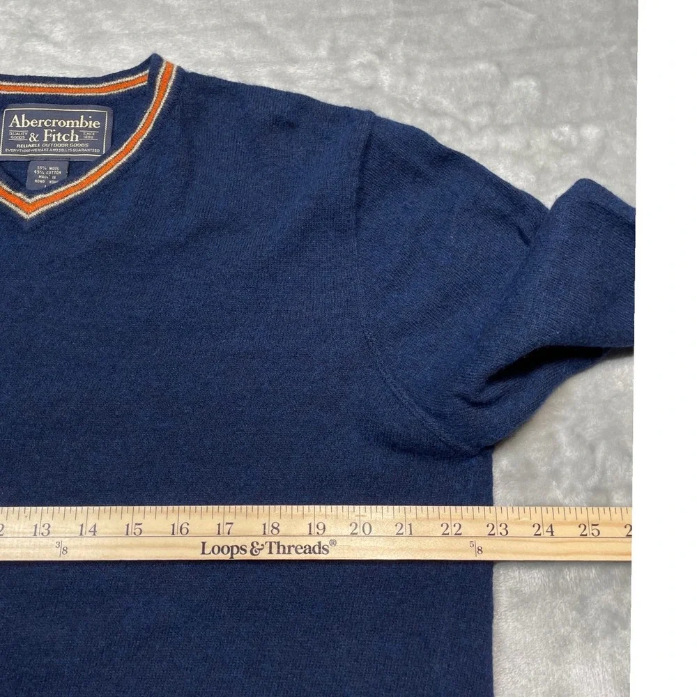 Abercrombie Fitch Mens Navy Blue V Neck Sweater Size L Wool Cotton Blend Trim